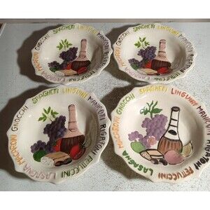 Vintage 1996 Hand Painted Signed Unique Italian Pottery Pasta Bouls Set Of 4
